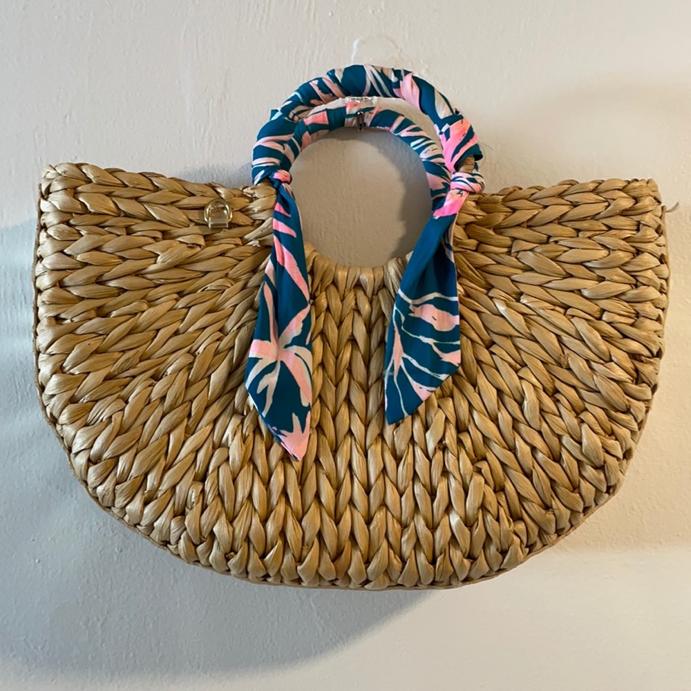 Lilly Pulitzer Tan Woven Clutch with Blue and Pink Accents